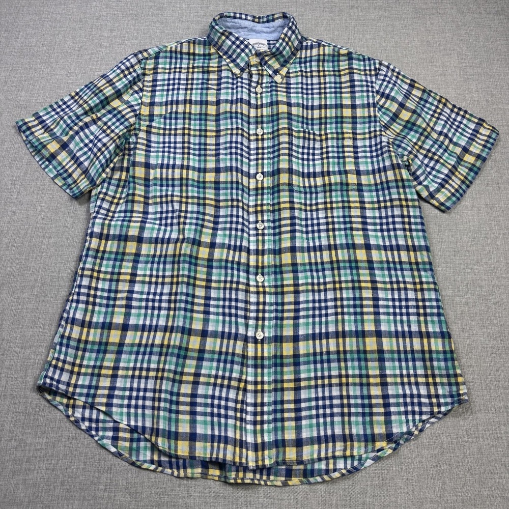 Brooks Brothers Linen Button-Up Shirt Mens L Multicolor Plaid Short Sleeve - Picture 3 of 9